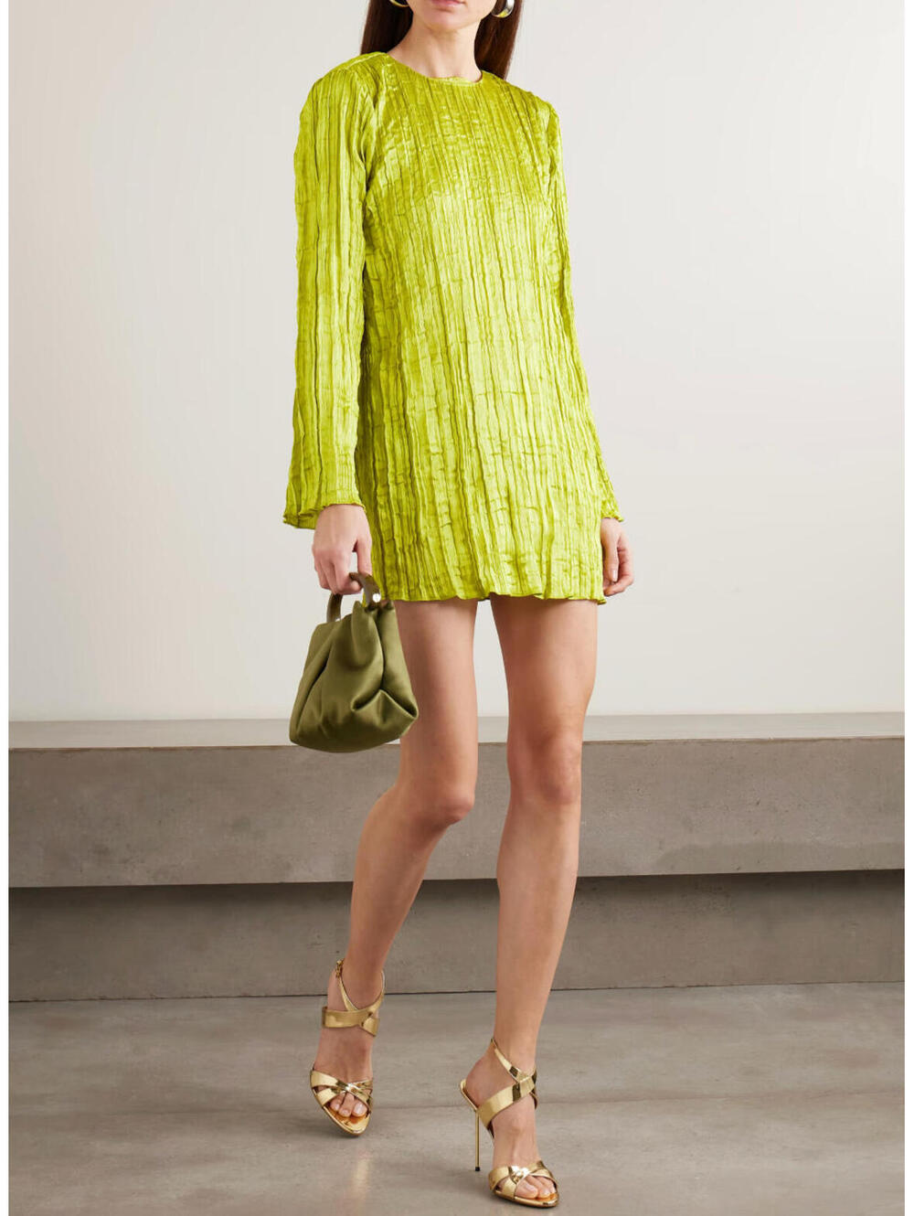NWT Staud Kona Crinkle Satin Pleated Long Sleeve Mini Dress Tunic Shirt Small - Picture 8 of 9